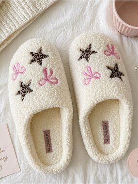 Willow & Ruby Cozy Sherpa Slippers Pink Bow Leopard Star NWT Size L